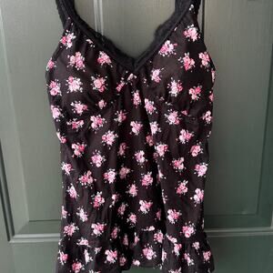 Y2K LEI Black Floral Babydoll Cami M Lace Trim Padded Bra Top 2000s Going Out